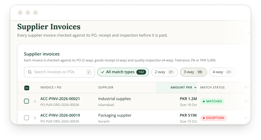 Supplier invoices screen: every supplier invoice checked against its PO, receipt and inspection before it is paid, with matched and exception statuses